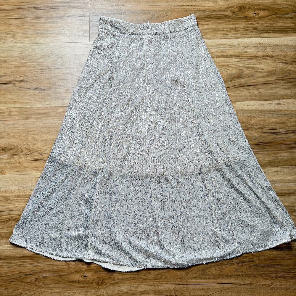 H&M Silver Sequin Flared A-Line Midi Skirt Size 6